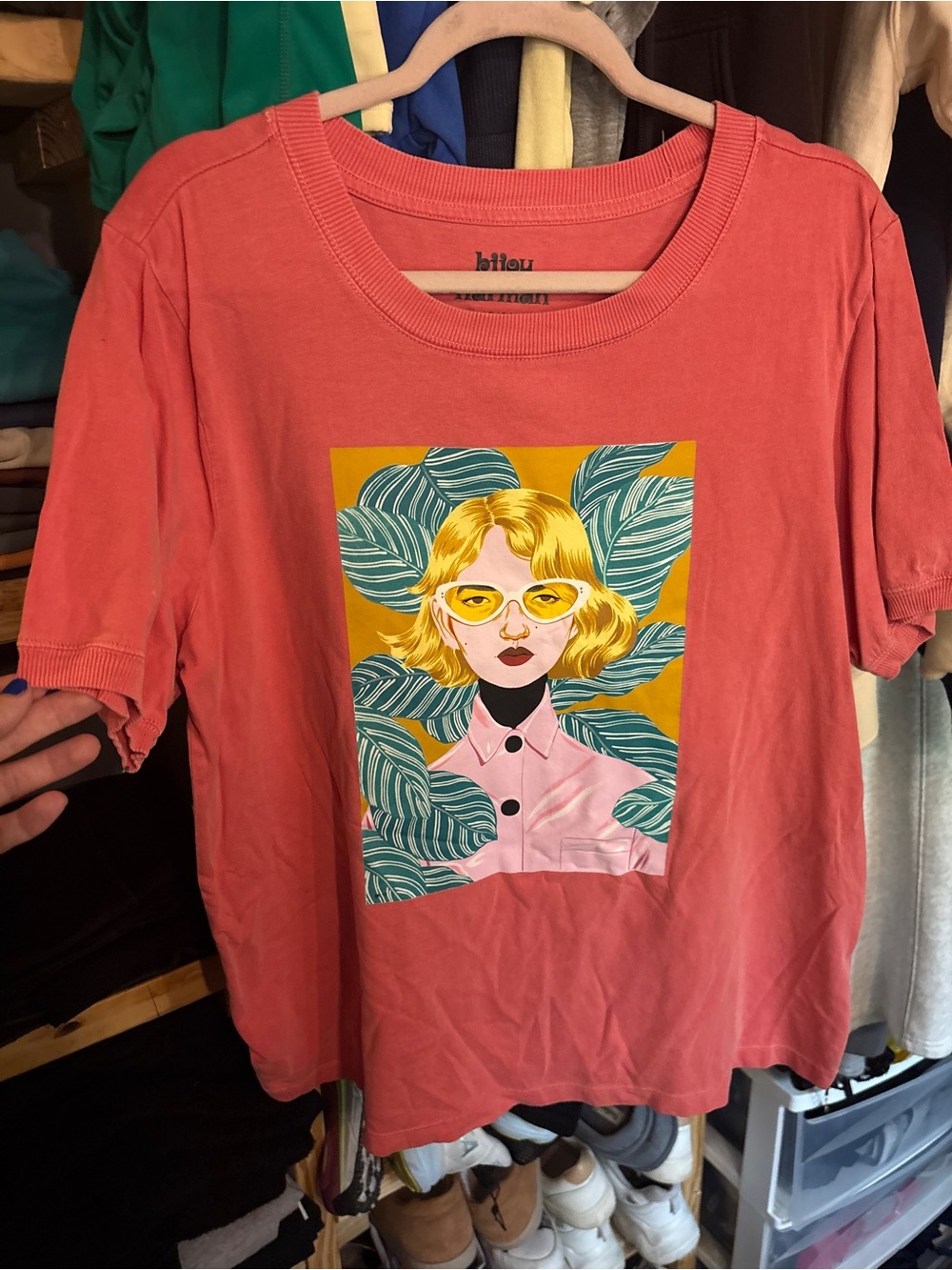 Coral Short-Sleeve Tee with Yellow and Teal Graphic